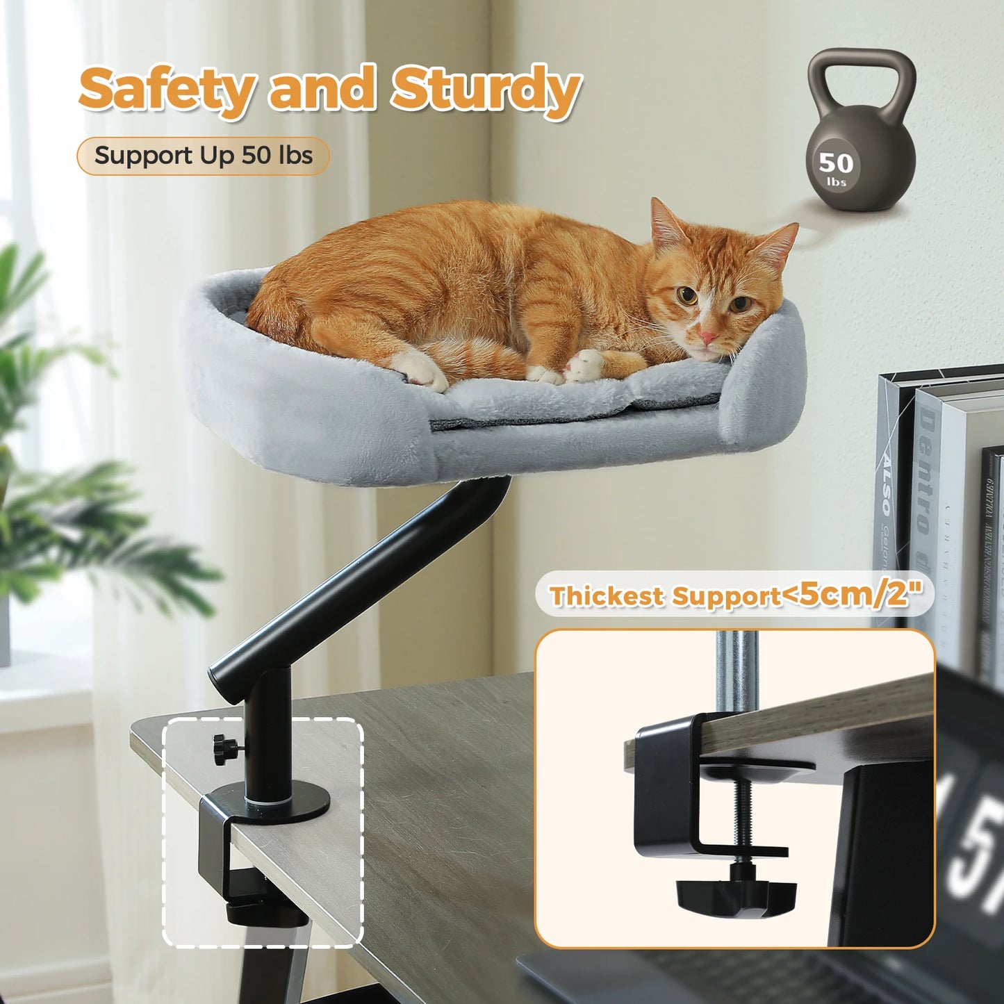 Cat Desk Bed, 360° Rotatable Bed Stand for Indoor Cats, Adjustable Basket,