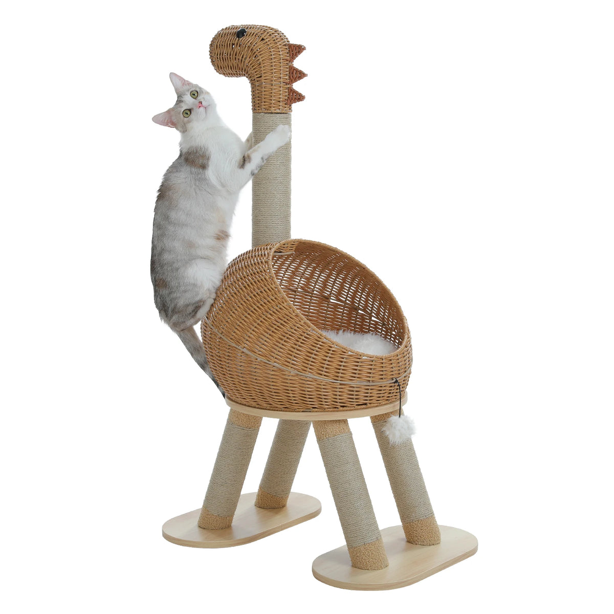 Dinosaur Cat Tree Tower with Sisal Scratching Post Large Rattan Cat Condo