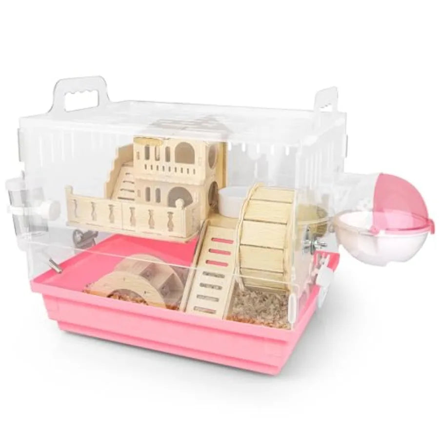 8 in 1 Acrylic Hamster Cage, 2-Tier Dwarf Hamster Cage with Wooden Wheel and Hideout,