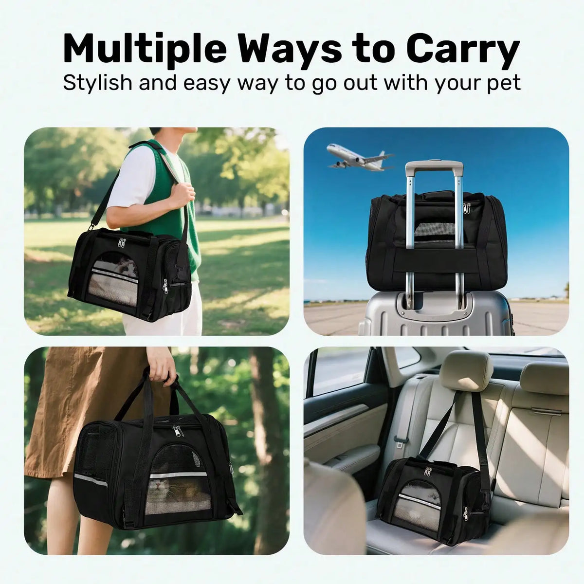 Breathable Pet Carrier Bag Airline Approved Foldable Travel Carrier Secure Anti Escape Zipper Ventilated Spacious Collapsible