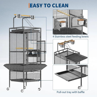 Large Bird Cage, Metal Parakeet Cage with Play Top, Wood Perches & Feeder, Spacious Rolling Flight Cage for Parrots, Cockatiels