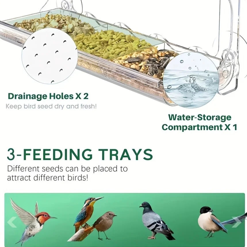 Indestructible Large Window Bird Feeder with Removable Seed & Water Tray, for Wild Birds with 4 Super Strong Adhesive Hooks