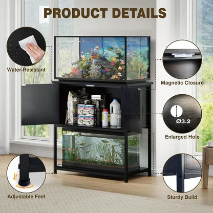 Farmhouse Style 20 Gallon Aquarium Stand with Storage, Heavy-Duty for Fish Tanks, Reptiles, and Terrariums in Black