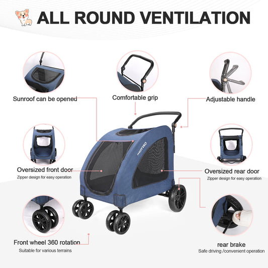 Heavy Duty Dog Stroller for Large Dogs up to 120 lbs, Foldable Pet Wagon with 360° Wheels, All-Round Ventilation