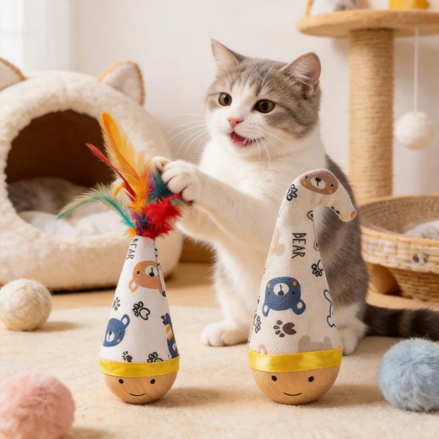 Tumbler Feather Cat Toy Self Play Teaser Wand Boredom Relief Interactive