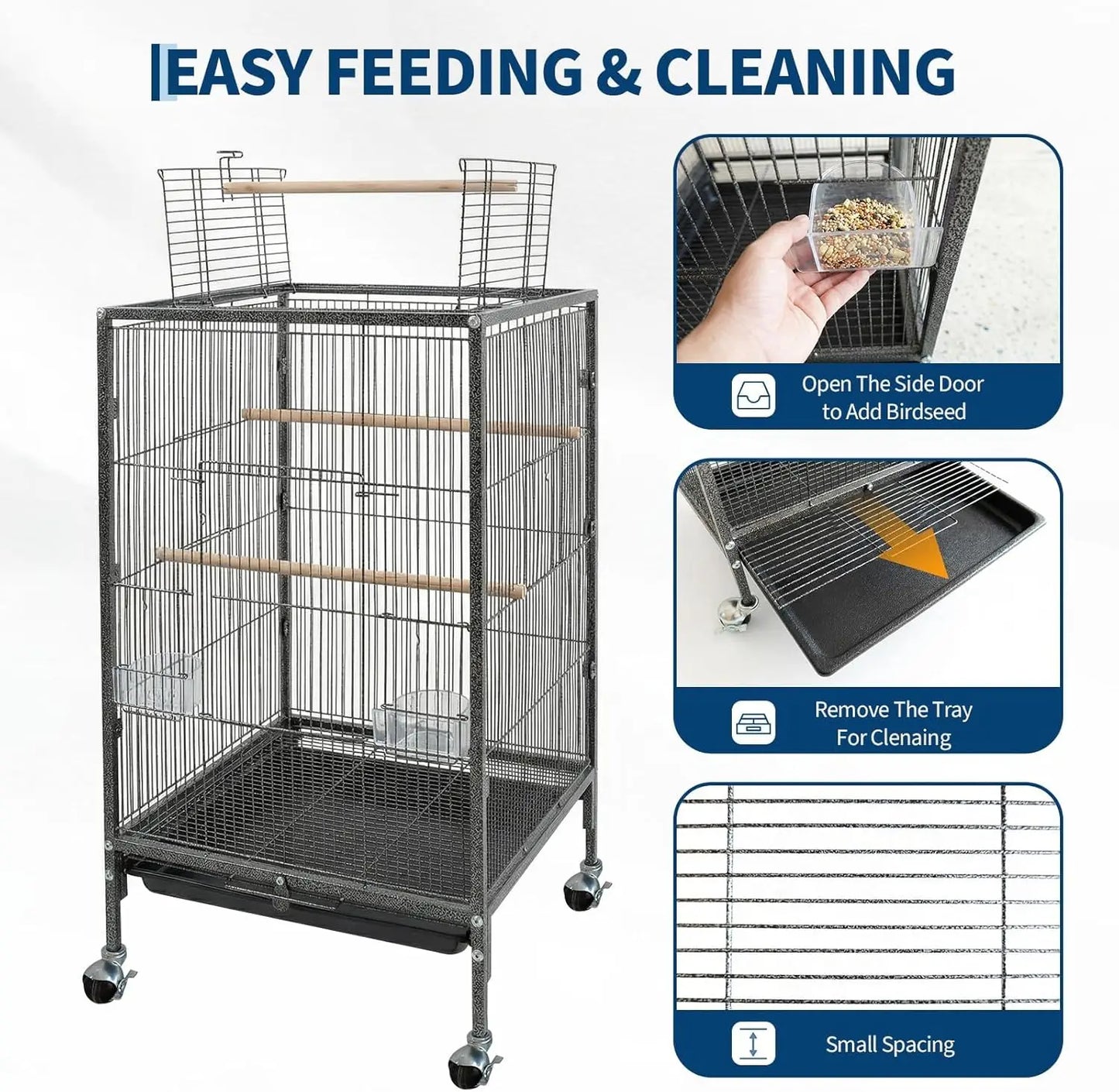 Heavy Duty Metal Bird Cage with Play Top and Rolling Stand,Spacious Flight Cage for Parakeets, Canaries, Lovebirds