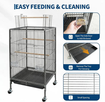 Heavy Duty Metal Bird Cage with Play Top and Rolling Stand,Spacious Flight Cage for Parakeets, Canaries, Lovebirds