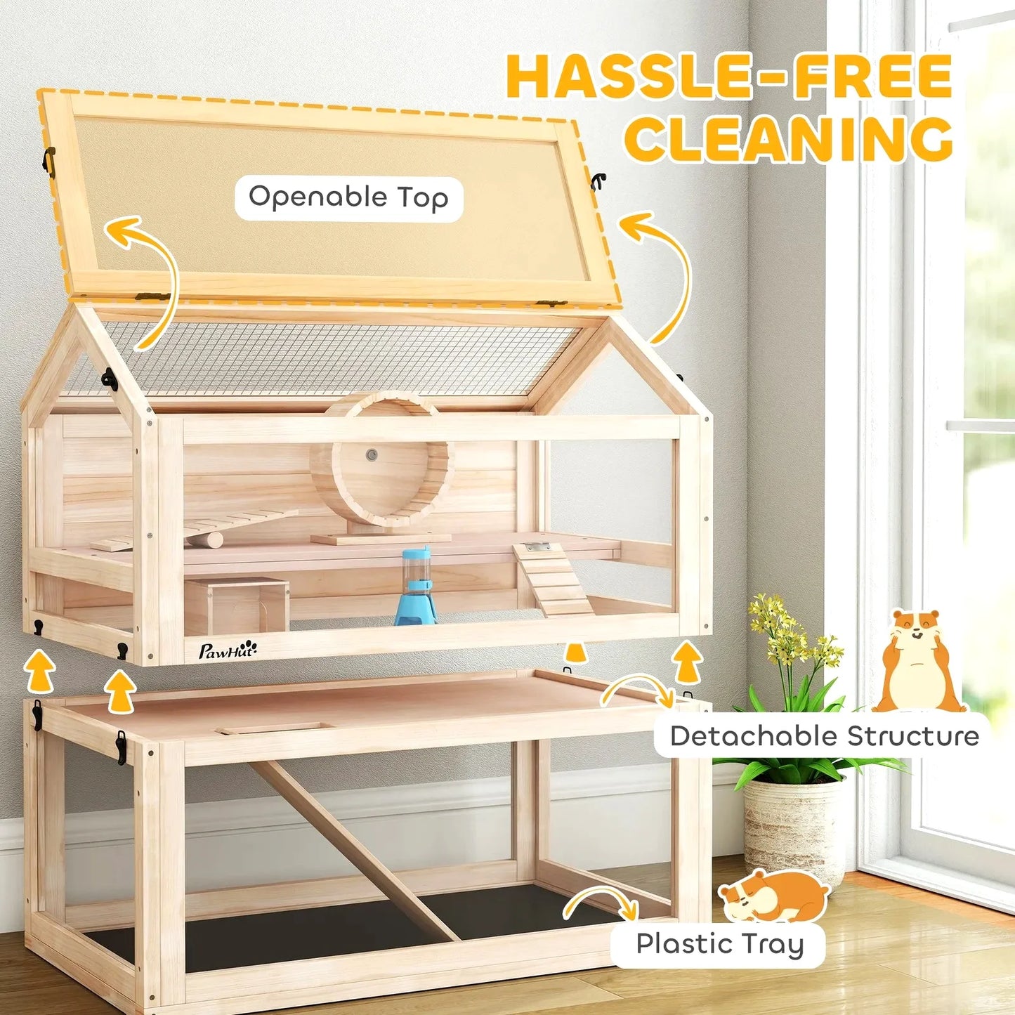 Wooden Hamster Cage, 3-Tier Small Animal Cage with Hut, Seesaw, Ramps