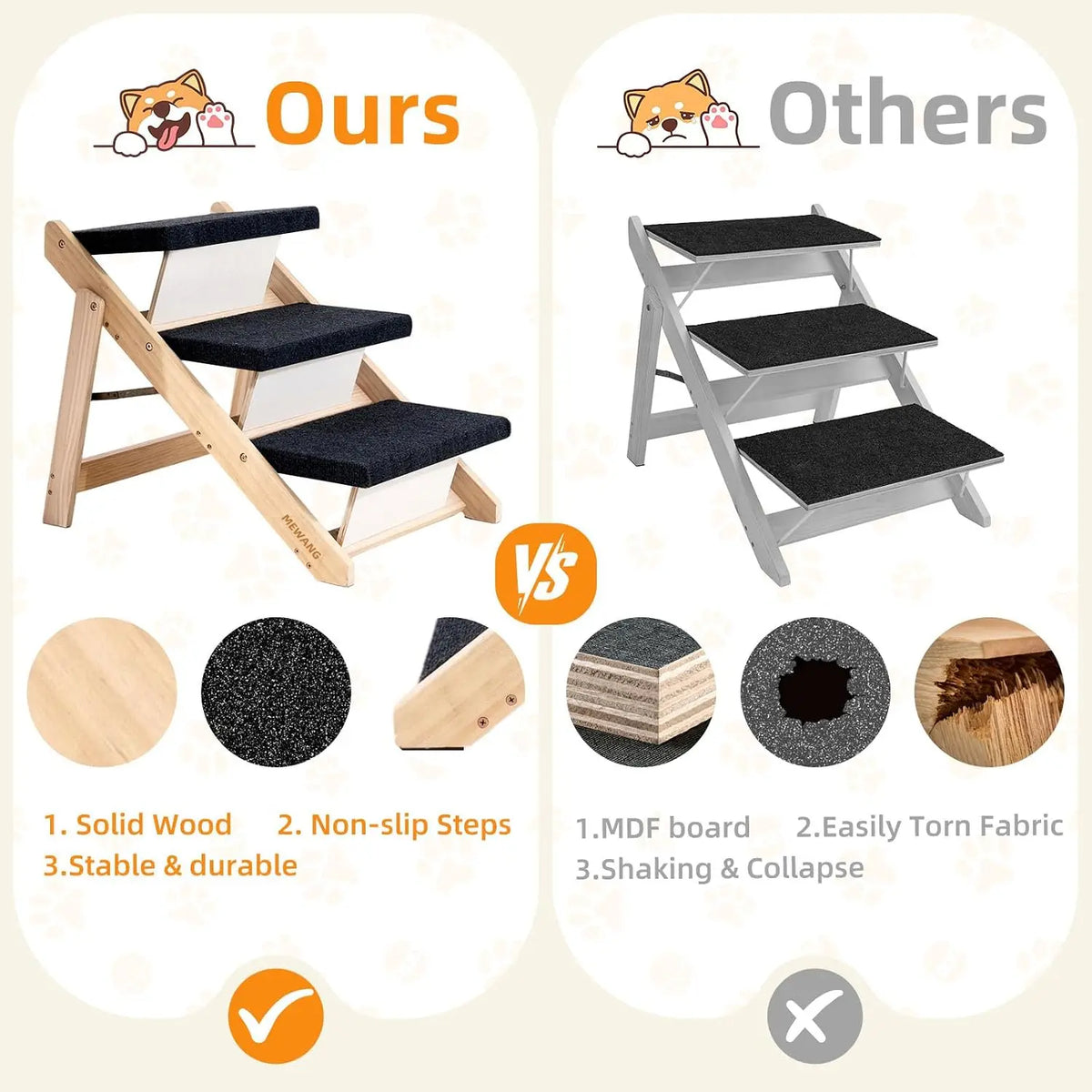 Wood Pet Stairs & Ramp for Aging Pets Small/Medium Dogs and Cats. – 2-in-1 Foldable, Portable, Non-Slip Pet Ladder for Tall Beds, Couches, Cars