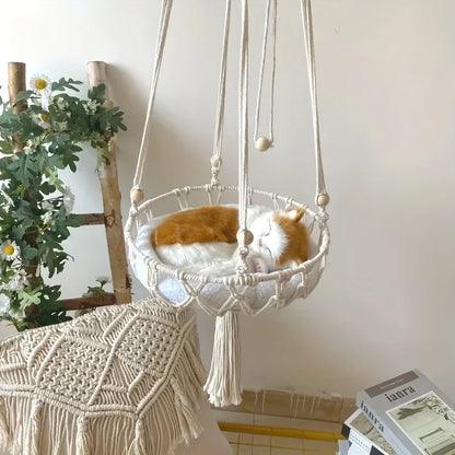 Extra Large Hand-woven Cotton Rope Cat Hammock  Super Load-bearing Durable Fits 2 Cats