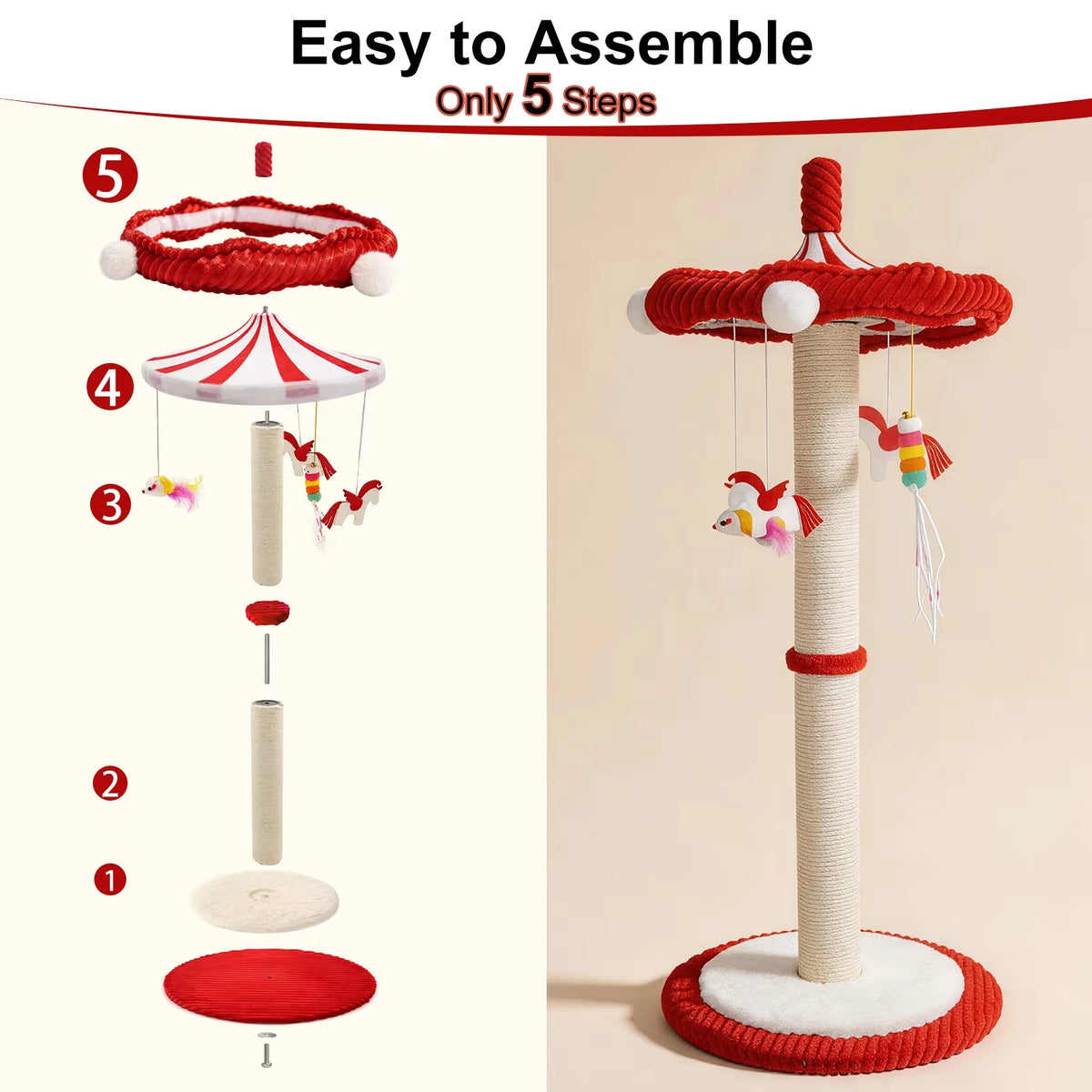 39“ Tall Carousel Cat Scratching Post with Hanging Toys with Rotating Top 17.7" Stable Base