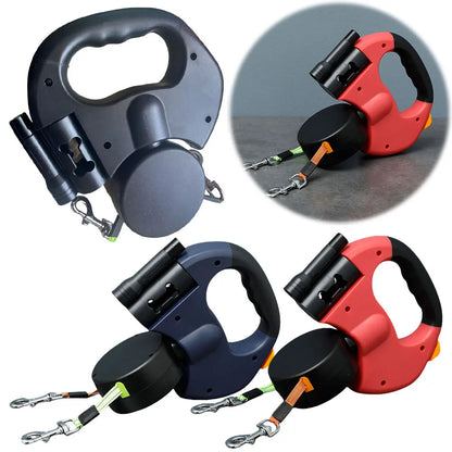 Double Headed Dog Leash with LED Light Retractable for Small Medium Dogs