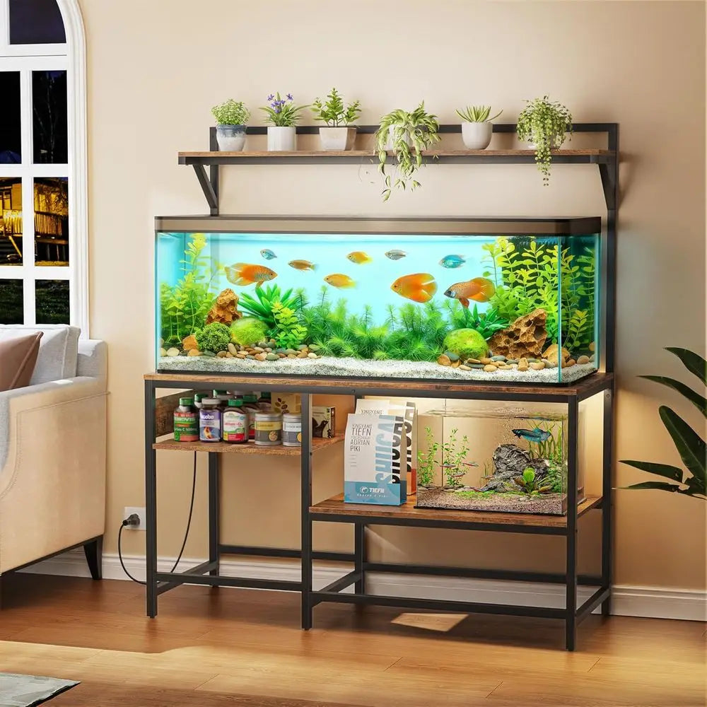 Sturdy 55 Gallon Aquarium Stand with Power Outlet, 6-Leg Support, and 4-Tier Adjustable Shelves for Reptiles