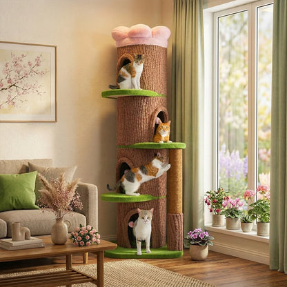 Large Cat Tree with 4 Spacious Condos Thick Scratching Post Flower Top Bed,  Indoor Luxury Cat House
