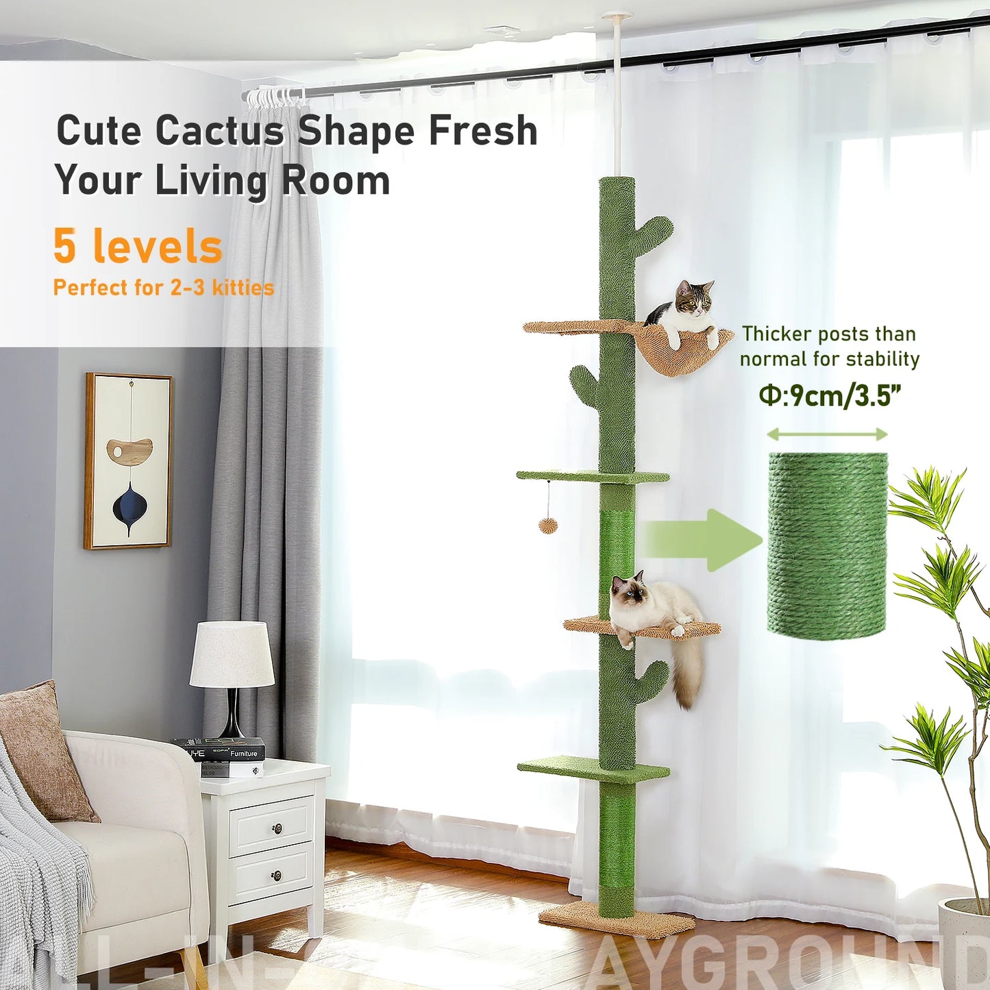 Cat Tree 5-Tier Floor to Ceiling Cat Tower With Scratching Post Hammock Dangling Ball