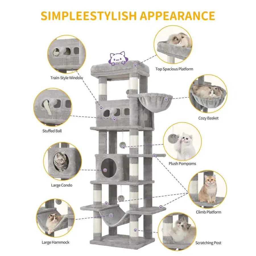 67" Tall Cat Tower For Indoor Cats, Multi-Level House With Condo, 8 Scratching Posts, Hammock, 4 Pom Pom