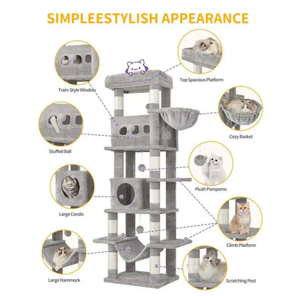 67" Tall Cat Tower For Indoor Cats, Multi-Level House With Condo, 8 Scratching Posts, Hammock, 4 Pom Pom