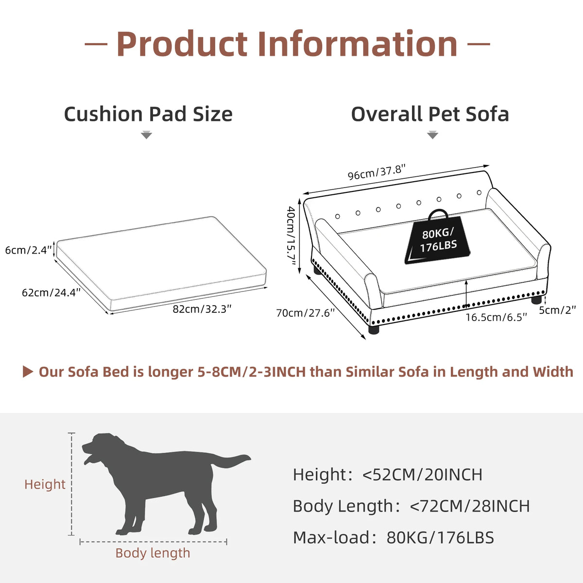 Elevated Dog Sofa for Medium to Large Dogs Microfiber Leather Cover with Removable Cushion