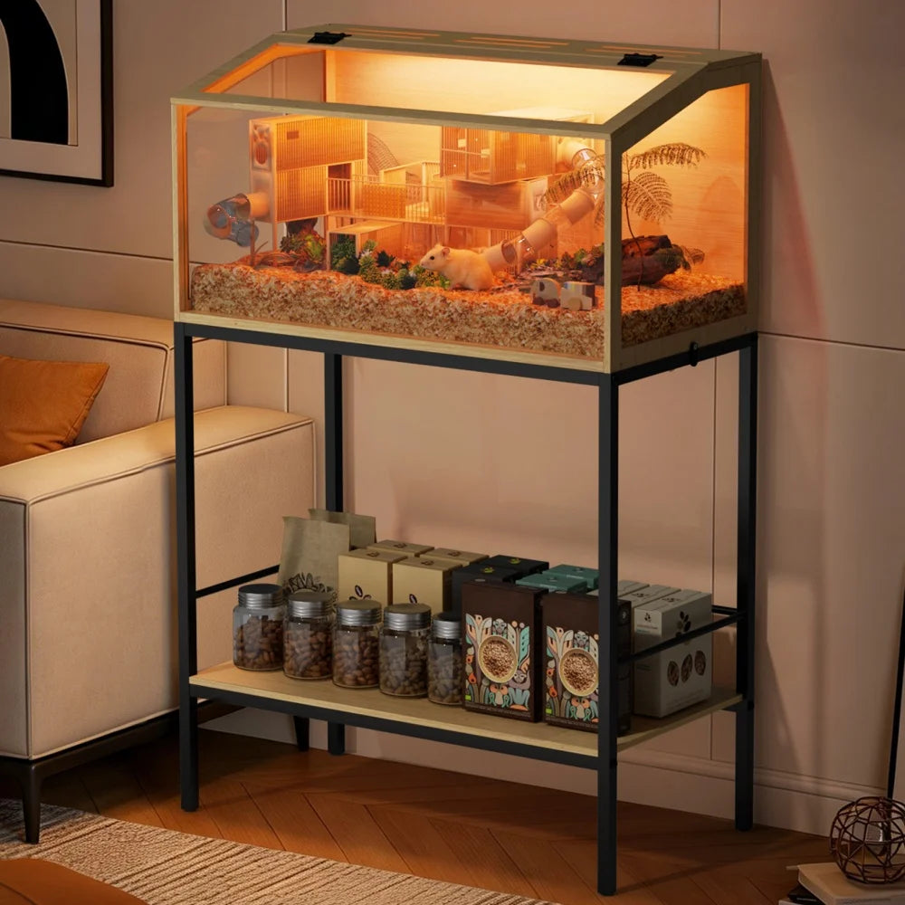Large Elevated Wooden Hamster Cage with Storage Shelf - Small Animal Cage Habitat Built-in LED Light for Hedgehog Rodent Mice