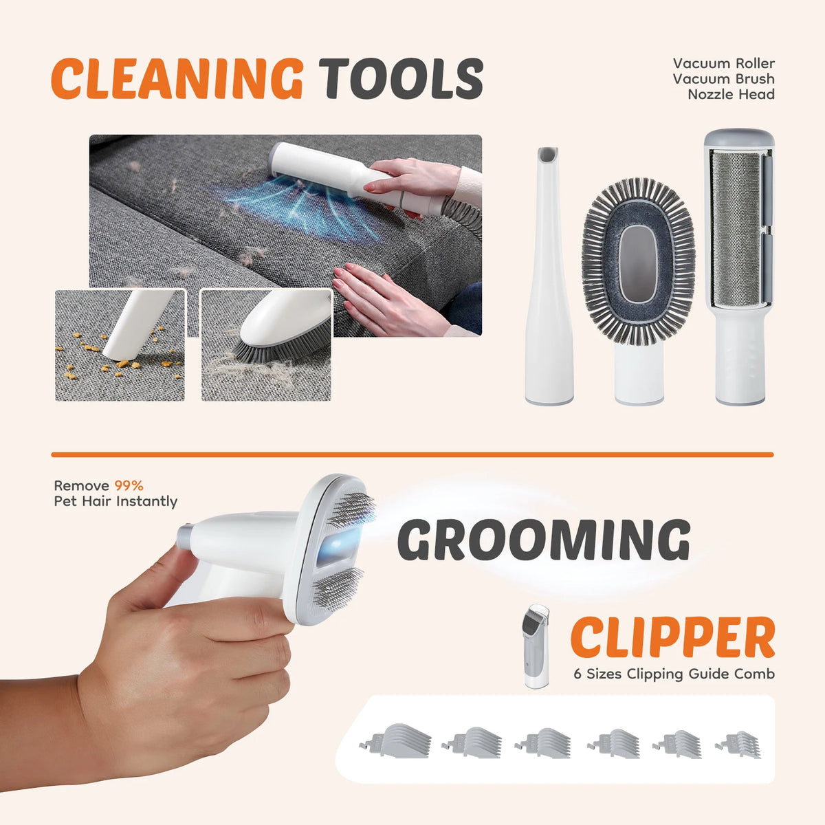 JHK 2.5L Professional Pet Grooming Vacuum Kit 3 Suction Modes and 5 Groomer Tools with Cordless Low Noise Dog Clippers