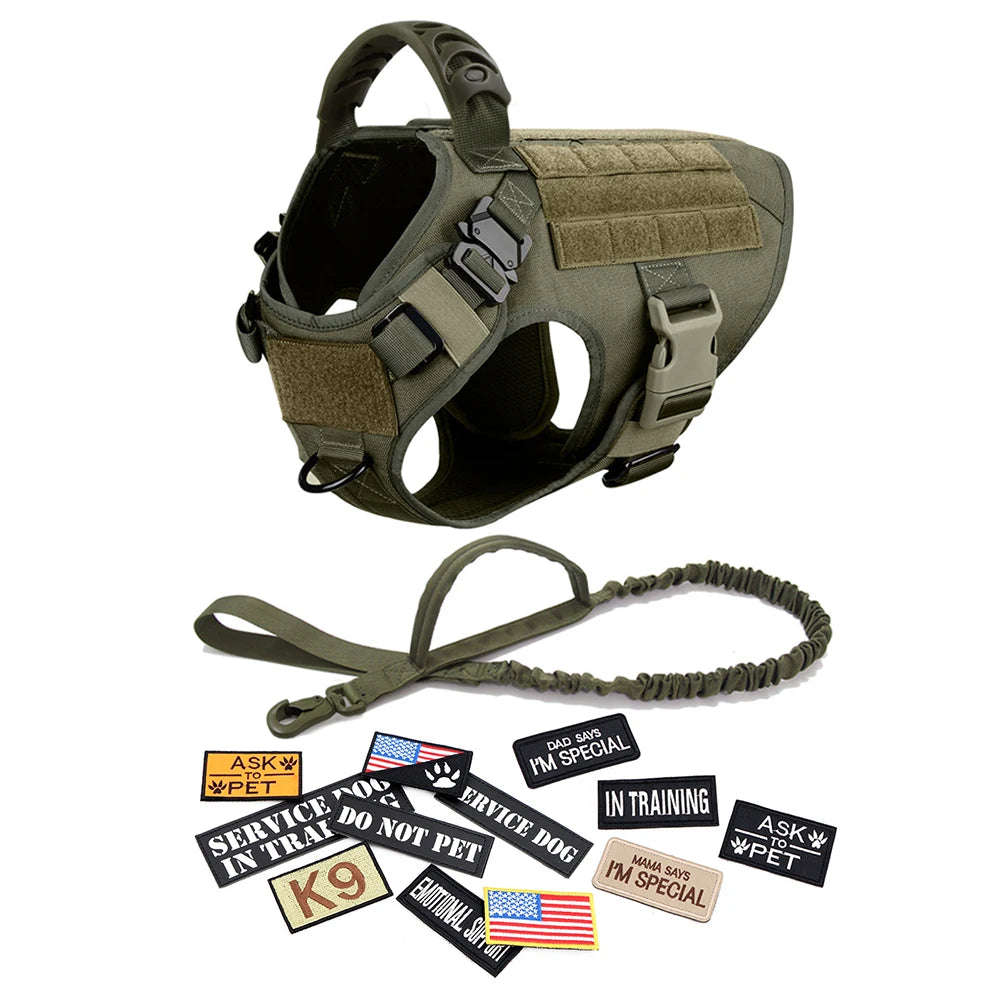 Military Dog Harness Collar Leash Bags Patches Set Training Vests