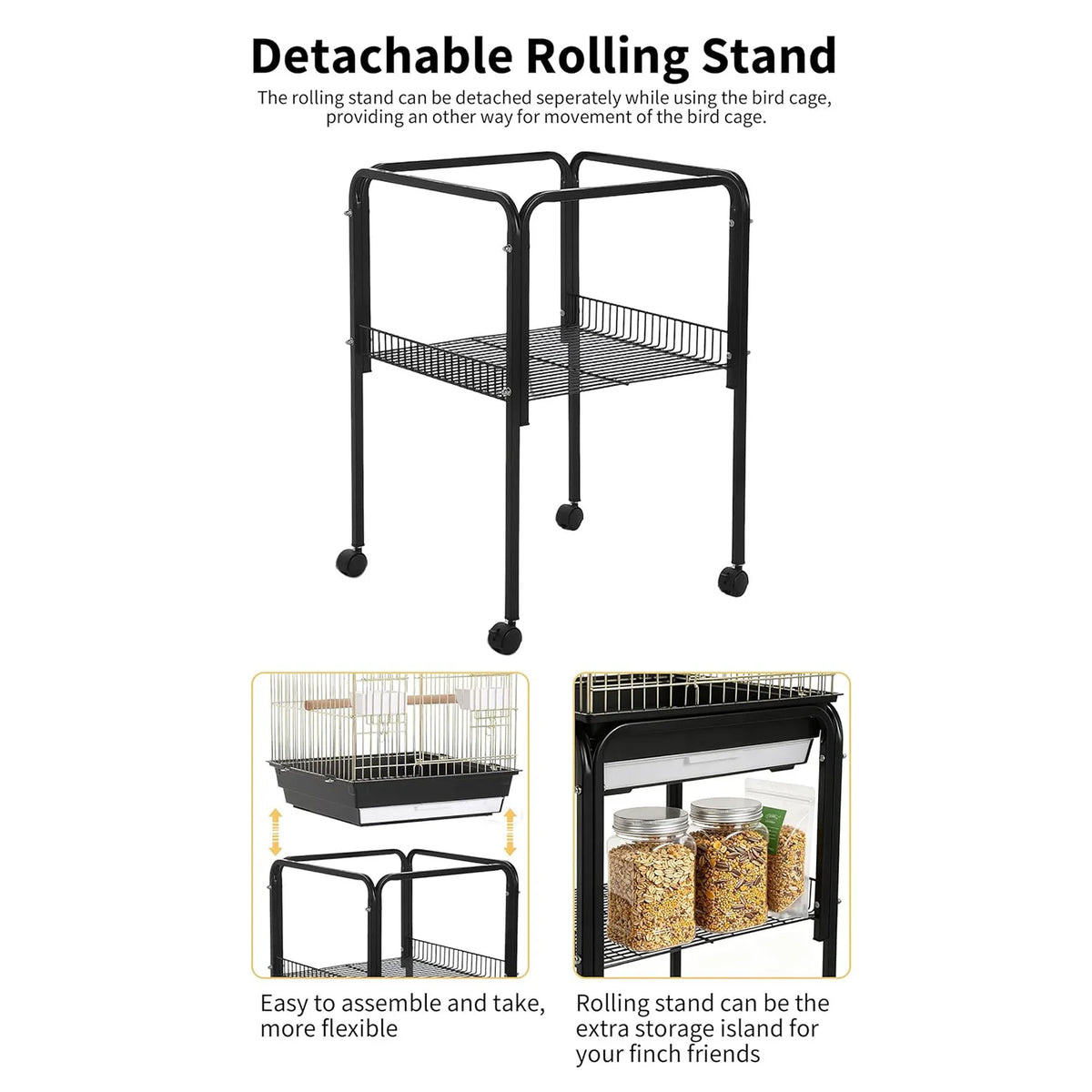 57‘’H Open-Top Bird Cage with Detachable Rolling Stand, With Slide-Out Tray,Storage Shelf,