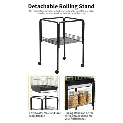 57‘’H Open-Top Bird Cage with Detachable Rolling Stand, With Slide-Out Tray,Storage Shelf,
