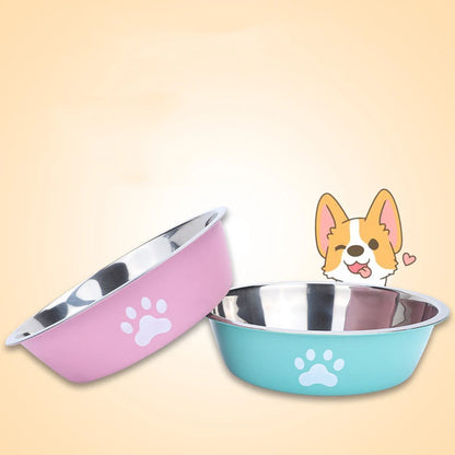 New Stainless Steel Pet Bowl with Paw Print, Silicone Non-Slip Food & Water Feeding Basin