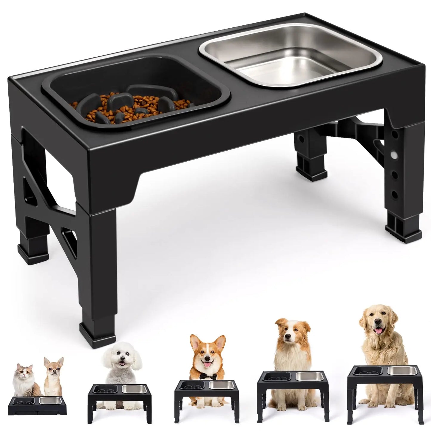 2-in-1 Elevated Slow Feeder Dog Bowls, Non-Slip Stainless Steel/Plastic