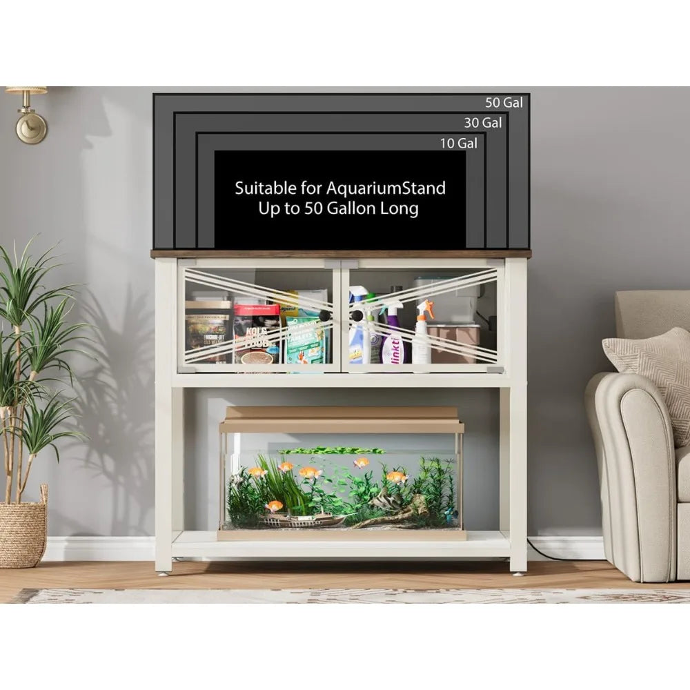 Rresyet 40-50 Gallon Aquarium Stand with Heavy Duty Metal Frame, Fish Tank Stand with Power Outlets, Two Glasses Door Storage Cabinet.