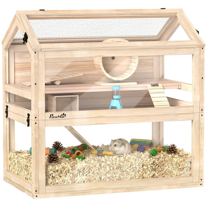Wooden Hamster Cage, 3-Tier Small Animal Cage with Hut, Seesaw, Ramps