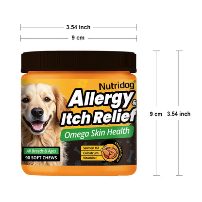 NUTRIDOG Dog Allergy Itch Relief Chews Omega-3 Vitamin C Support Skin For Dog Immune Health Supplement Nutrition 90 PCS/Bottle