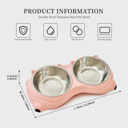 Anti-Slip Pet Food Bowl Double Stainless Steel Cat And Dog Feeder with Non-Skid Base,