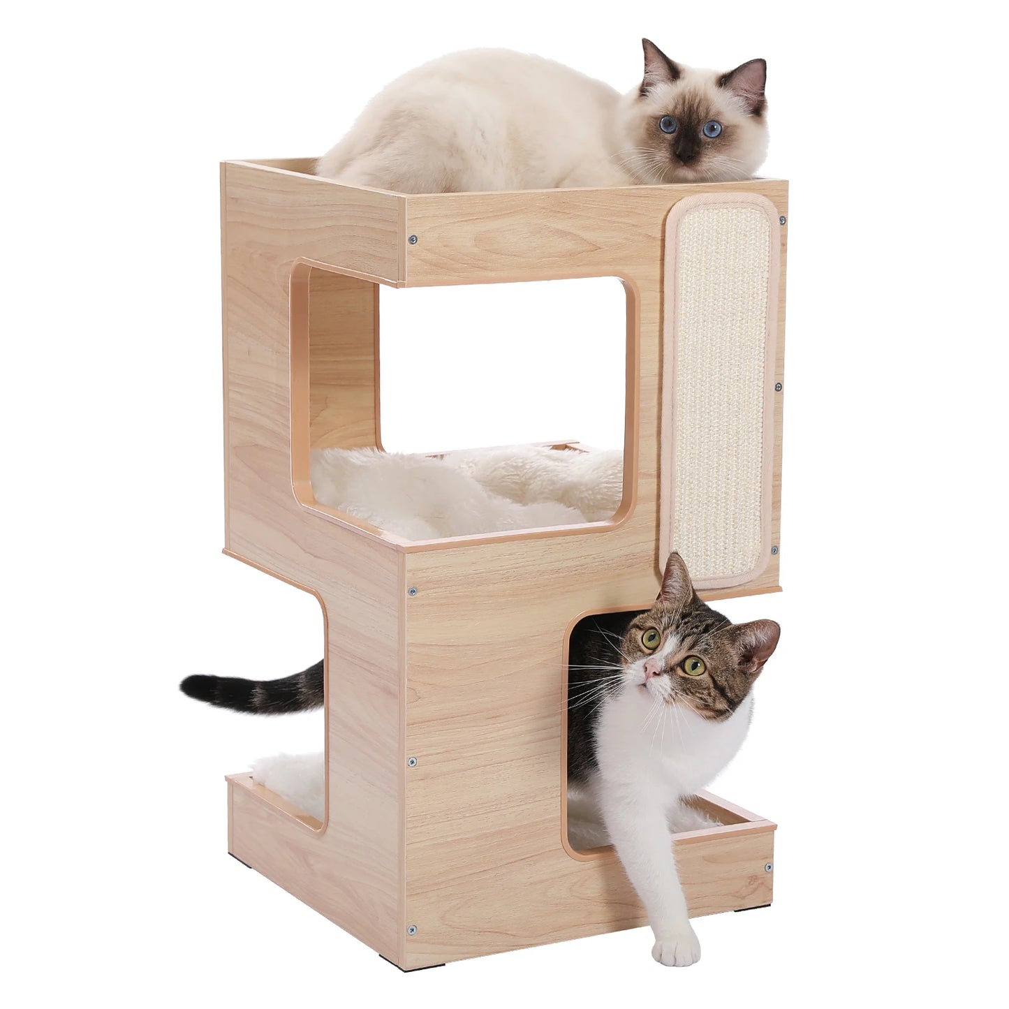 Wood Cat Condo House Bed with Removable Soft Mats Modern Cat Tree Tower with Scratching Pad