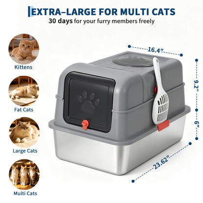 Enclosed Stainless Steel Litter Box With Lid - Dog Proof XL High Sided Anti Leak Front Entry Top Exit For Big Cats Includes