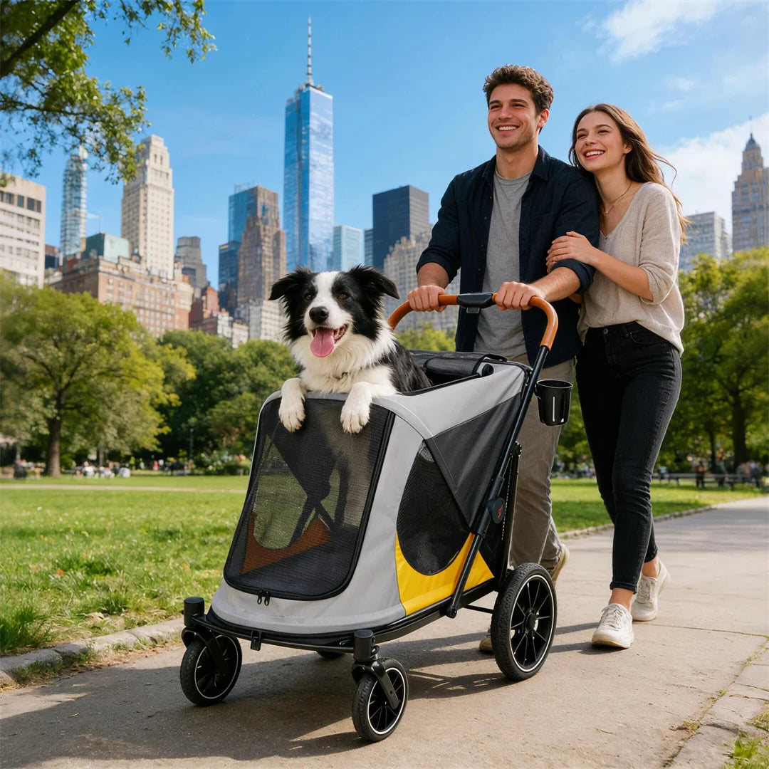 Portable Dog Stroller for Large Dogs: Outdoor Pet Stroller with One-Click Folding Dual Entry Pet Stroller Jogger Cart on Wheels, Storage Pockets,