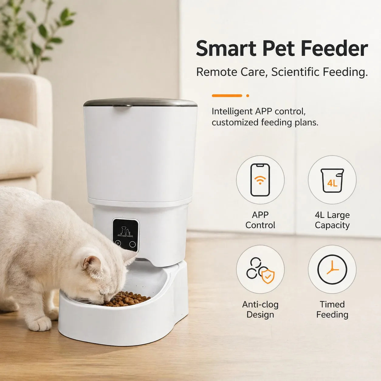 Large Capacity Smart Automatic Cat Feeder with Bowl -  APP Control, Timed Feeding, Anti-Clogging Design for Cats & Small Dogs,