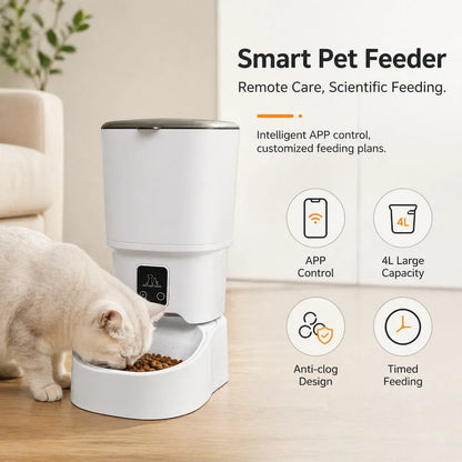 Large Capacity Smart Automatic Cat Feeder with Bowl -  APP Control, Timed Feeding, Anti-Clogging Design for Cats & Small Dogs,