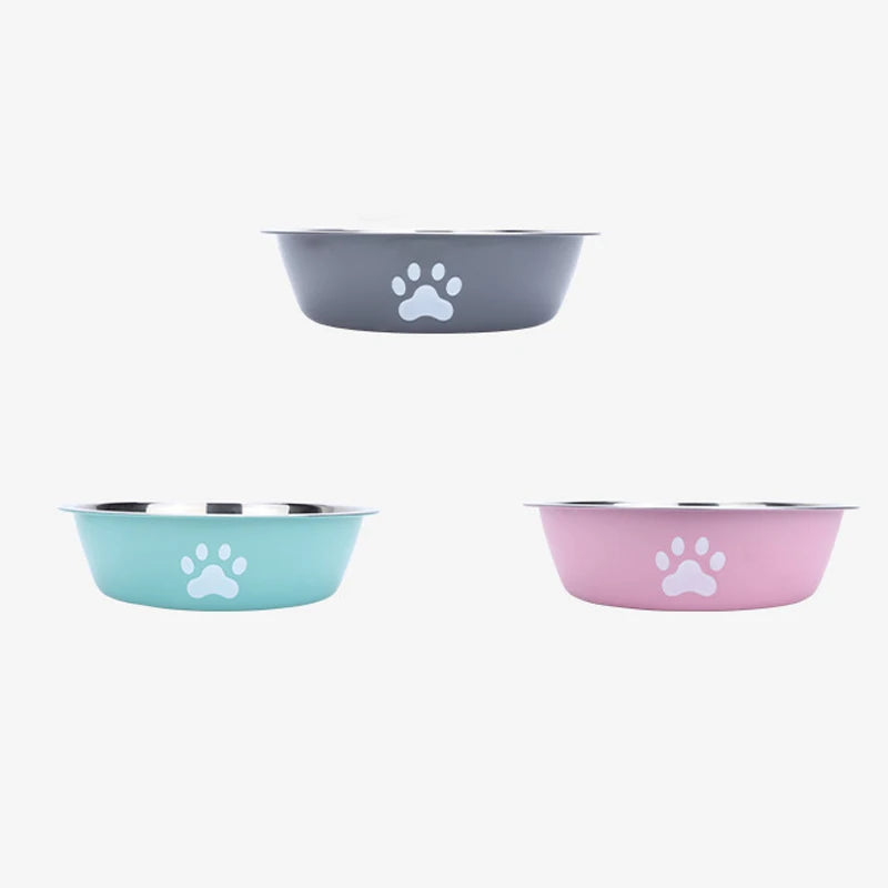 New Stainless Steel Pet Bowl with Paw Print, Silicone Non-Slip Food & Water Feeding Basin