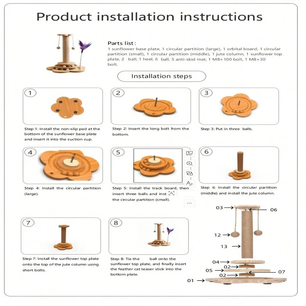 4-in-1 Wooden Cat Scratcher with Ball Track & Feather Toy Self-Play Kitten Activity Center