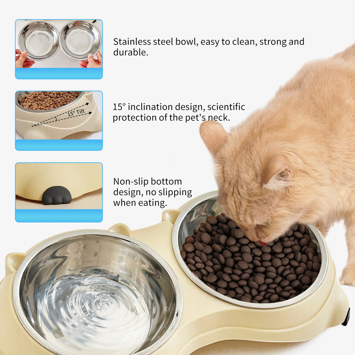 Anti-Slip Pet Food Bowl Double Stainless Steel Cat And Dog Feeder with Non-Skid Base,