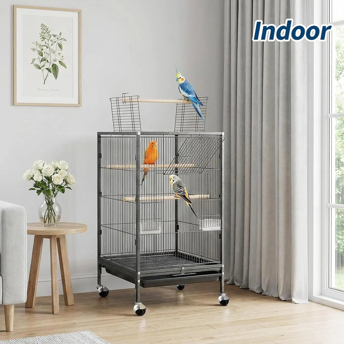 Heavy Duty Metal Bird Cage with Play Top and Rolling Stand,Spacious Flight Cage for Parakeets, Canaries, Lovebirds