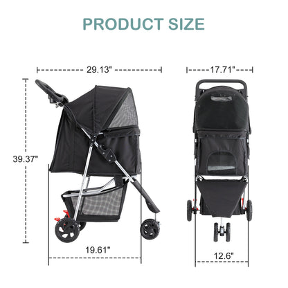 JHK 3 Wheels Foldable Pet Stroller for Small Dogs and Cats with Mesh Windows Storage Basket Cup Holder