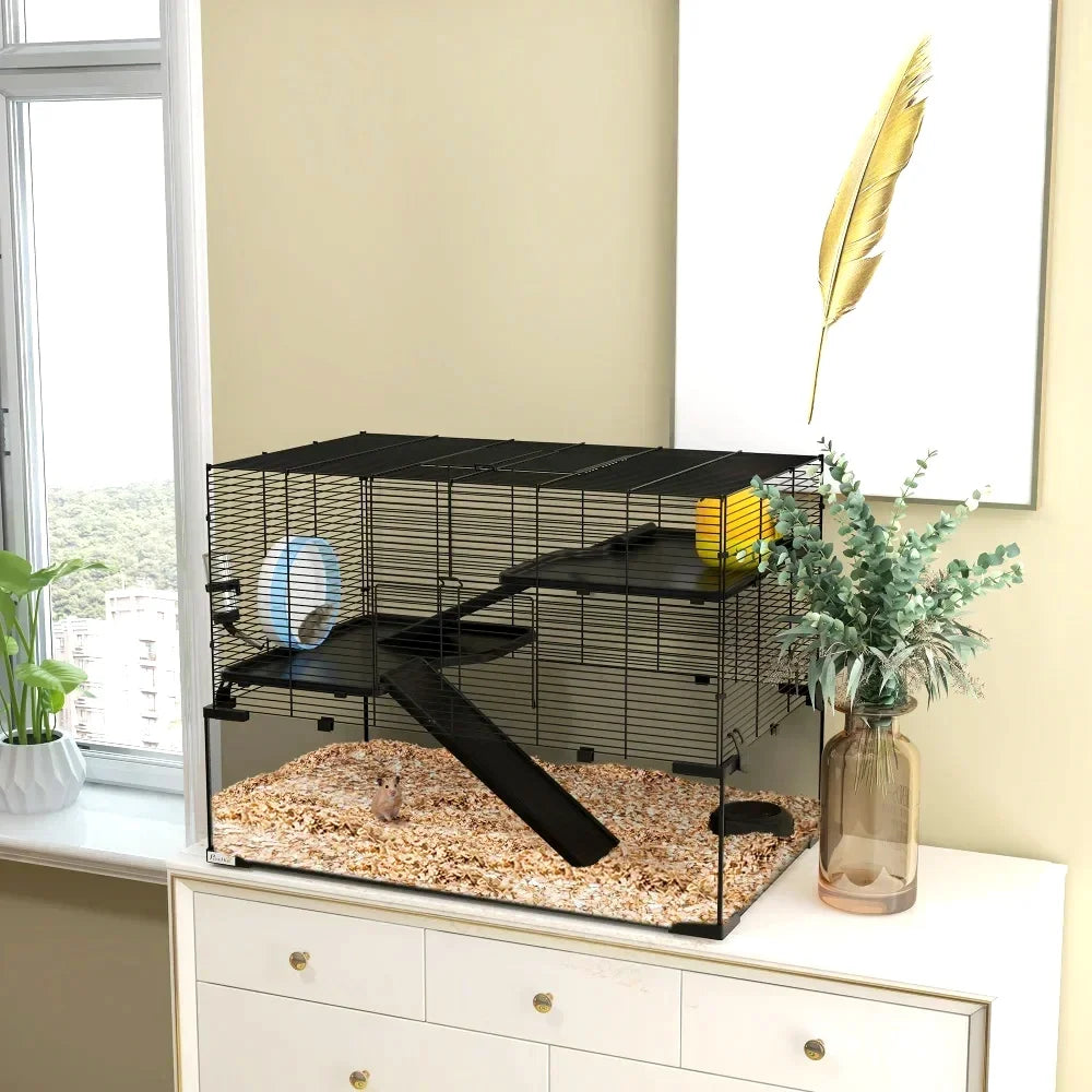 PawHut 31" Hamster Cage with Glass Basin, Ramps, Platforms, Hut, Exercise Wheel, Black