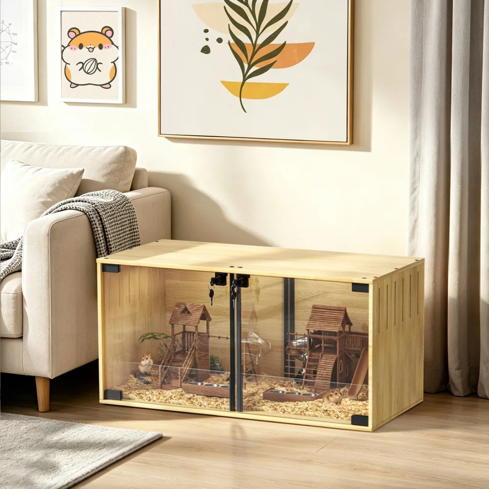 Wooden Hamster Cage Chew-proof Small Animal Habitat Cage with Dual Doors Lock Removable Divider Enclosure