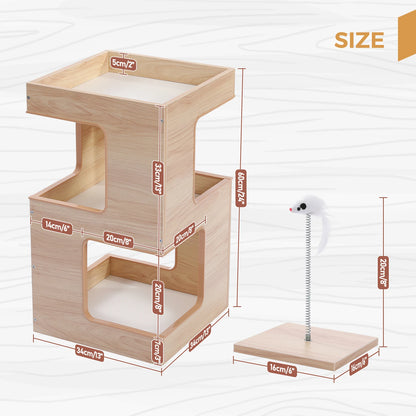 Wood Cat Condo House Bed with Removable Soft Mats Modern Cat Tree Tower with Scratching Pad