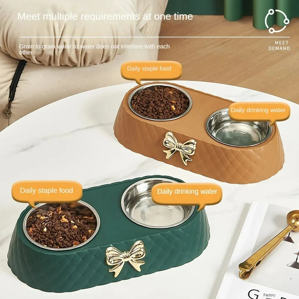 Bow-tie Bowknot Food Bowl Dog Bowl Stainless Steel Double Feeding and Drinking Double Bowl