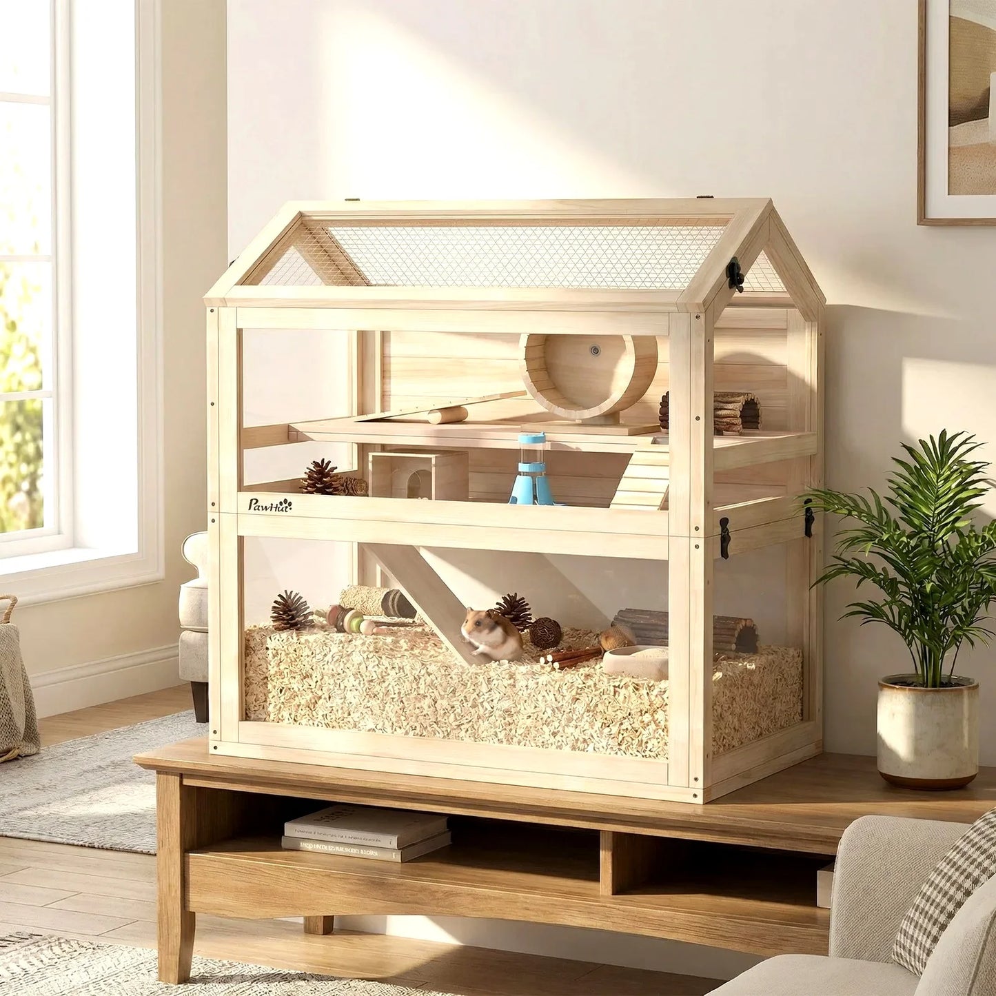 Wooden Hamster Cage, 3-Tier Small Animal Cage with Hut, Seesaw, Ramps