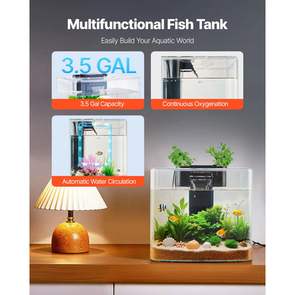 VEVOR Fish Tank Aquarium 3.5Gal Arch Ultra-Clear GPPS Starter Smart Tank Adjustable 3 Color Lighting for Freshwater Fish
