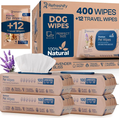 Plant Based Lavender Pet Wipes for Paws and Butt - 400 Count with 12 Travel Packs - Deodorizing & Non Toxic for Dogs and Cats